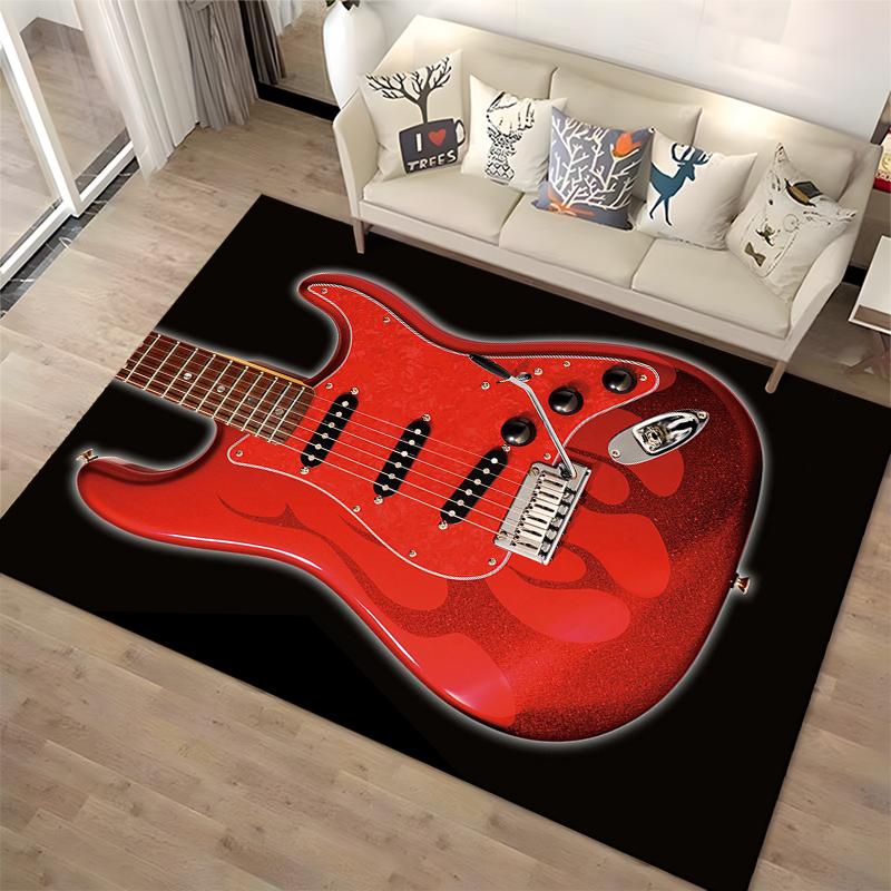 Red Guitar with Flame Design Non-slip rug suitable for living room and bedroom sofas