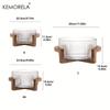 KEMORELA Striped Glass Bowl with Wooden Stand Scratch-Resistant Round Salad Fruit Dessert Display for Living Room