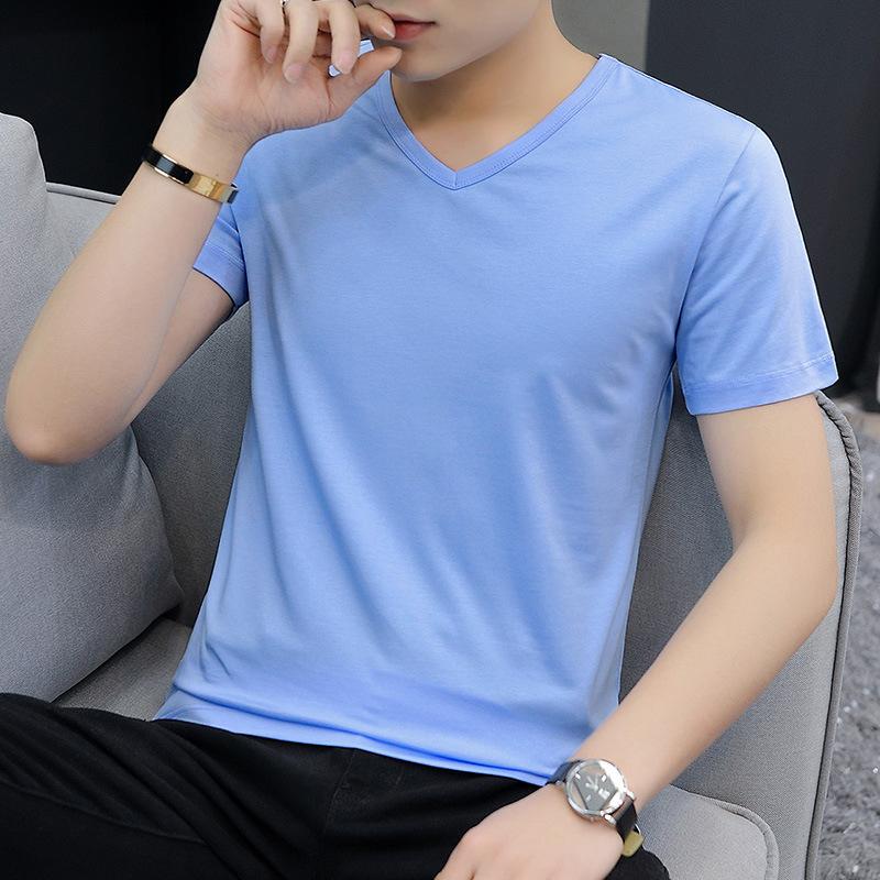 

Мужская футболка с коротким рукавом и V-образным вырезом, повседневная летняя классическая базовая футболка 5XL небесно-голубой