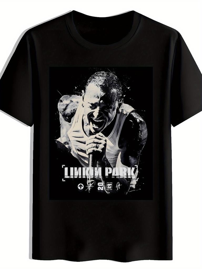 Black Retro Rock Band Graphic T-shirt - LINKIN PARK Inspired Short Sleeve Crew Neck