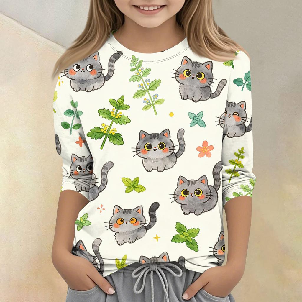 Kinder Freizeit T-Shirt Rundhals Dreiviertelarm Pullover Oberteil mit Tierprint Muster Weicher Leichter Stoff für den Alltag