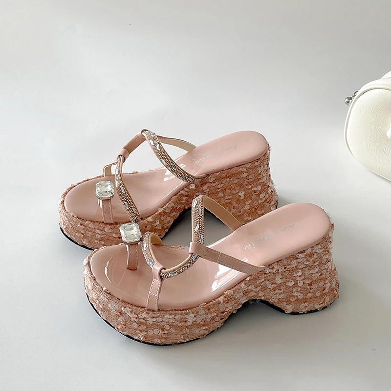Summer Platform Thick Bottom Women Slippers Elegant Crystal Narrow Band Shoes Ladies Concise Wedges Heel Slides