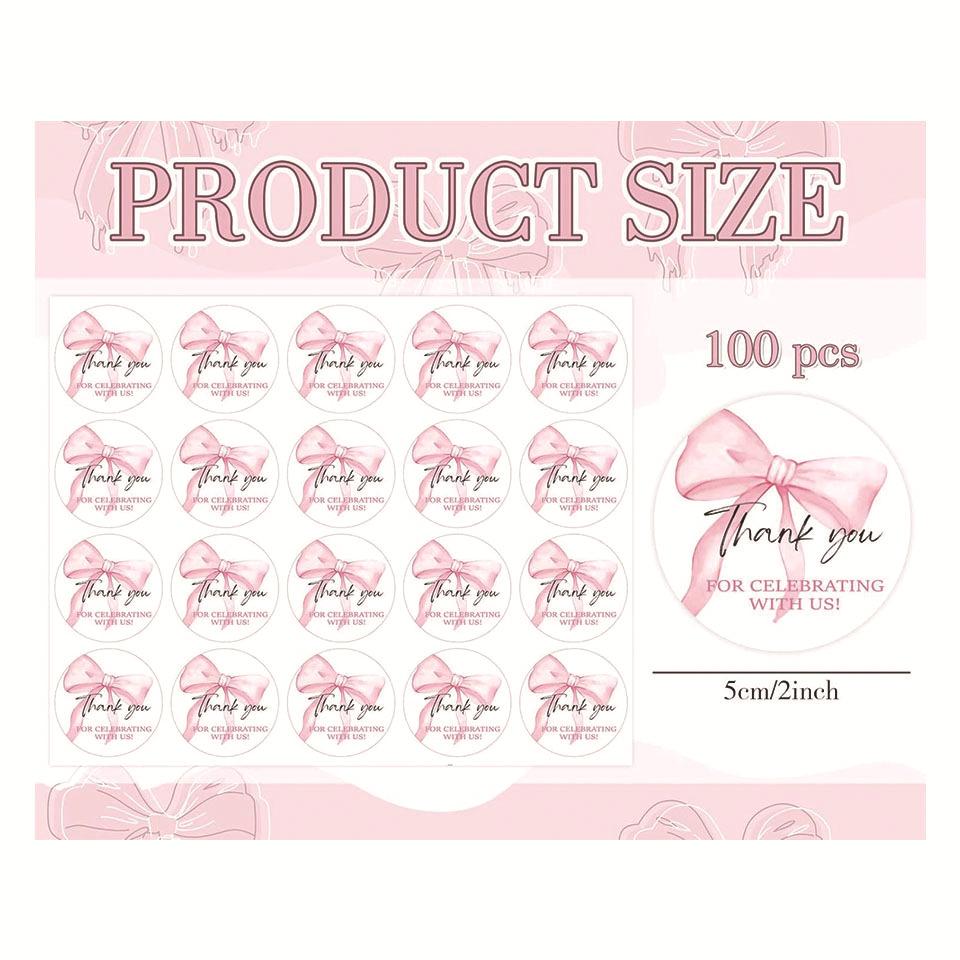 

100 шт. Розовые наклейки «Спасибо» с бантиком, Милые наклейки для запечатывания с бантиком, Круглые этикетки для принадлежностей для дня рождения розовый