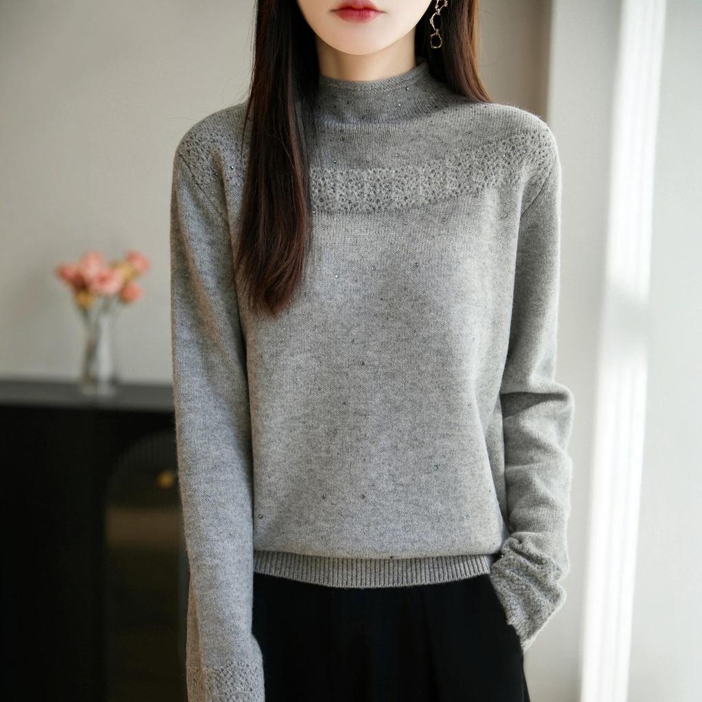 Elegant Rhinestone Embellished Crochet Sweater with Hollow-Out Design - Perfect for Autumn/Winter