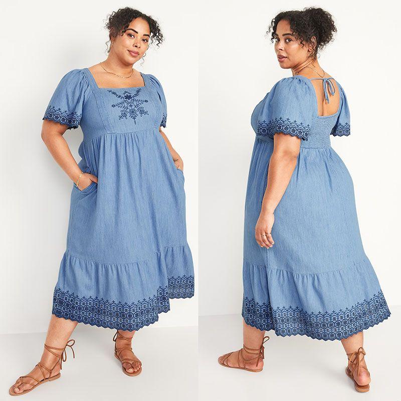 

100.00kg Plus size women clothing Chubby Girl Embroidery Lace Square Collar Waist Hugging Slimming Long Denim Full Body Dress Summer 469 Defective products XL