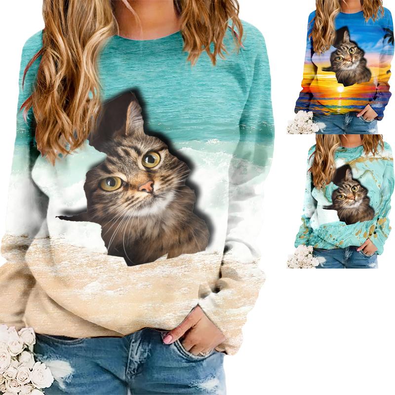 Buy Women Beach Cat Print TShirt Long Sleeve Crew Neck Tops at