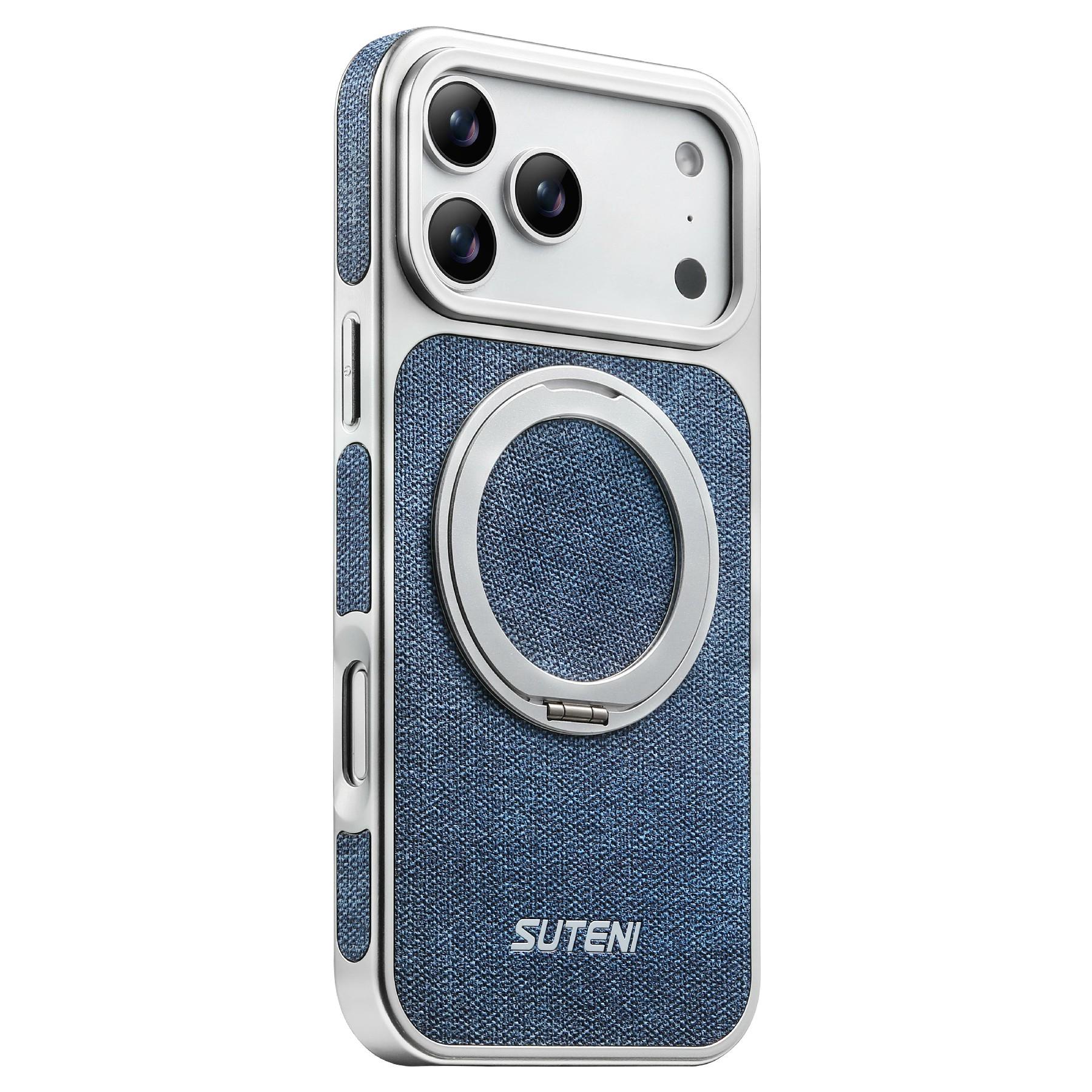 SUTENI G6 for iPhone 17 Pro Magnetic Case Rotating Kickstand Electroplating Jean Cloth Texture Leather Back Cover