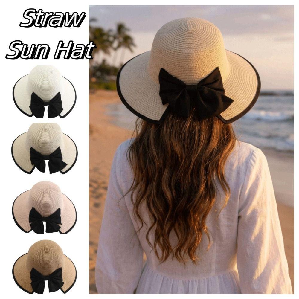 Wide Brim Sunscreen Bucket Hat Large Bow Bowknot Sun Cap Sweet Straw Weave Sun Hat Summer
