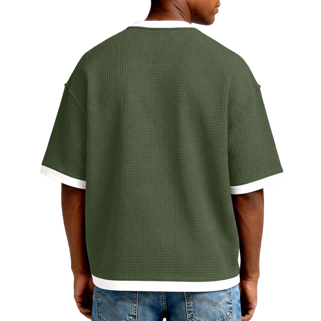 Camiseta Casual Masculina com Gola Redonda e Blocos de Cor - Moderna, Esportiva, de Corte Amplo, Versátil Roupa Masculina de Manga Curta