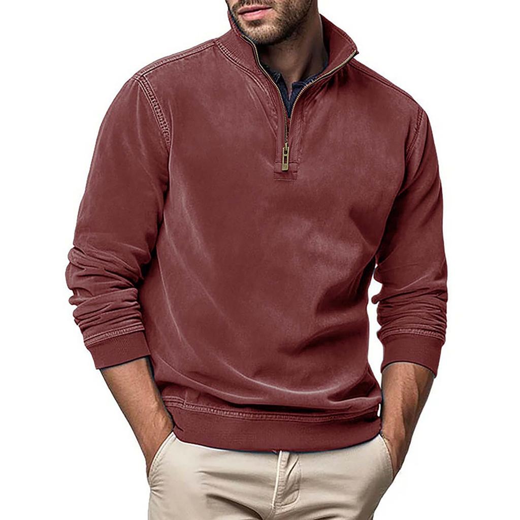 Men's Long Sleeved Zipper Stand Up Collar Sweatshirt Men's Collar Imitation Leather Thread Pullover Top