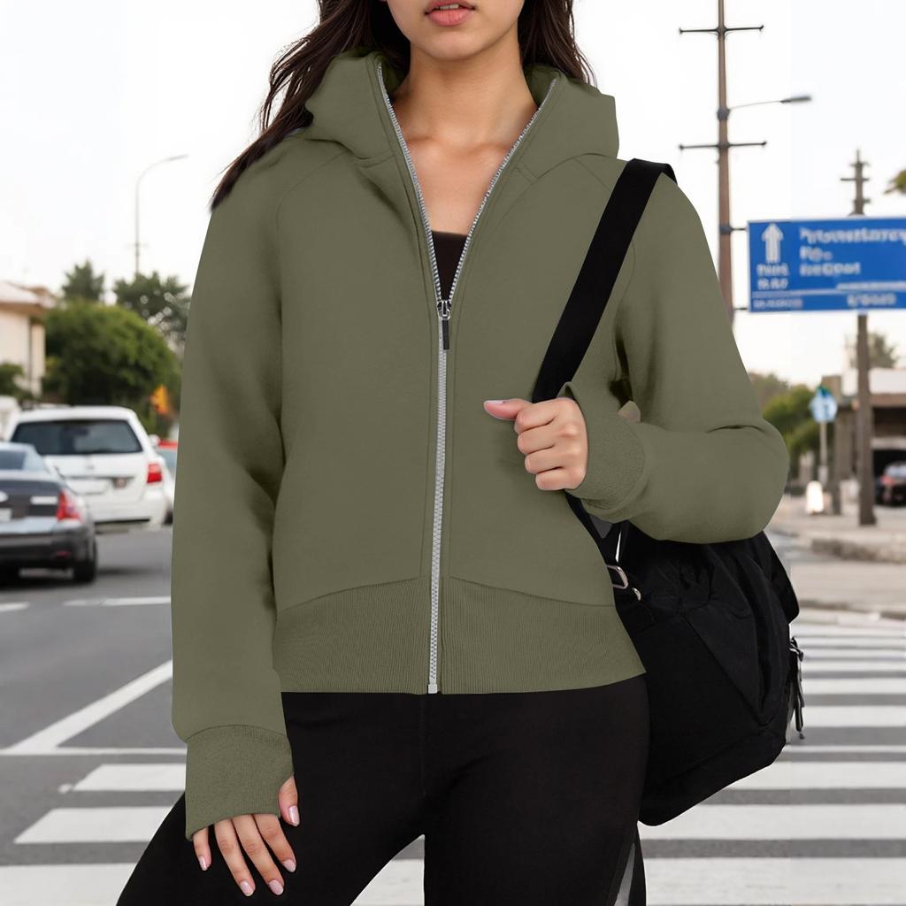 Women's Fashion Casual Hooded Zip Padded Long Sleeve Solid Colour Sweatshirt