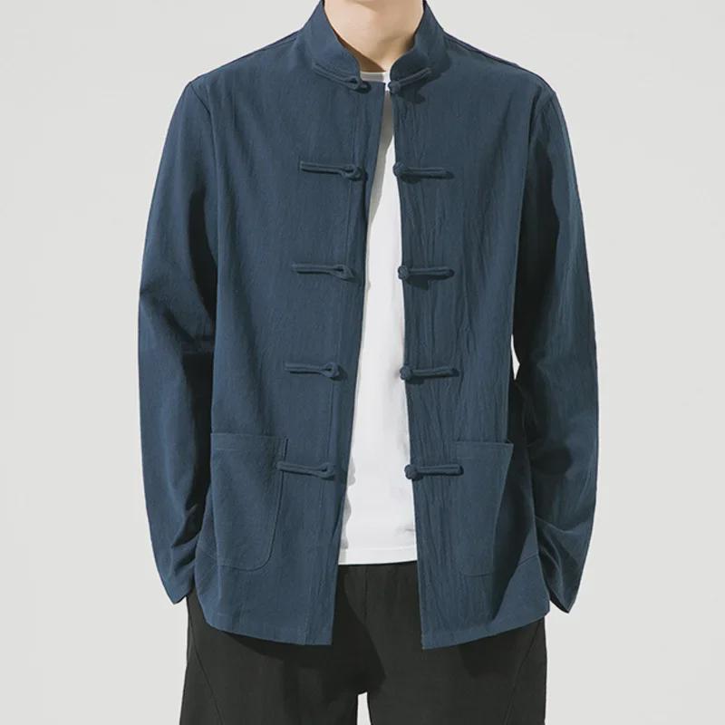 Herr Långärmad Vit Tangzuitröja - Retro Kinesisk Stil Hanfu med Ståkrage och Knappar