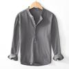 Men Light Blue Linen Cotton Blend Henley Shirt Stand Collar Long Sleeve Casual Top
