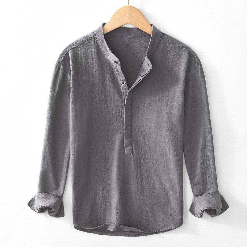 Men Light Blue Linen Cotton Blend Henley Shirt Stand Collar Long Sleeve Casual Top