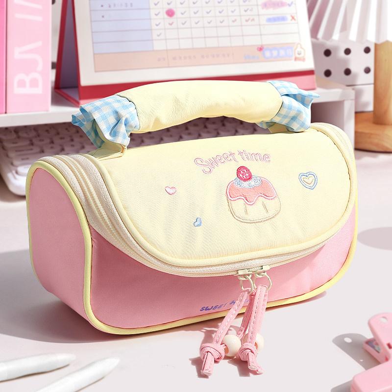 Large Capacity Check Pencil Bag Aesthetic Portable Stationery Pouch with Multi Slots for Students School Daily Use