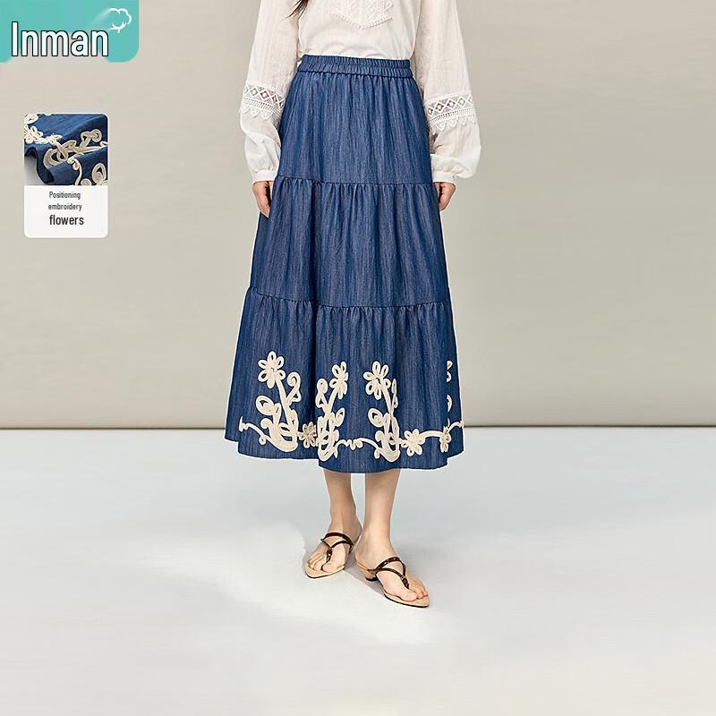 INMAN Французская Ретро Джинсовая Юбка Миди с Вышивкой M