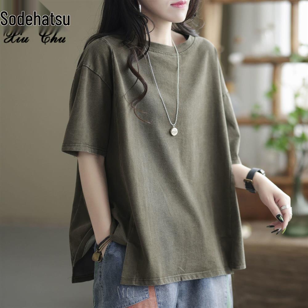 

Женская футболка ретро свободного кроя больших размеров на лето - с коротким рукавом, однотонная, приталенного силуэта XL [Suggested 110-120 Jin] High Quality