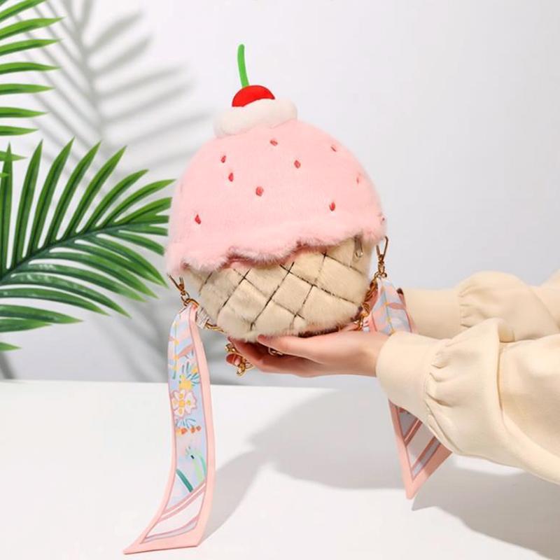Stylish Strawberry Ice Cream Plush Backpack Colorful Strawberry Cake Plush Toy Creative Fruit Ice Cream Stuffed Handbag