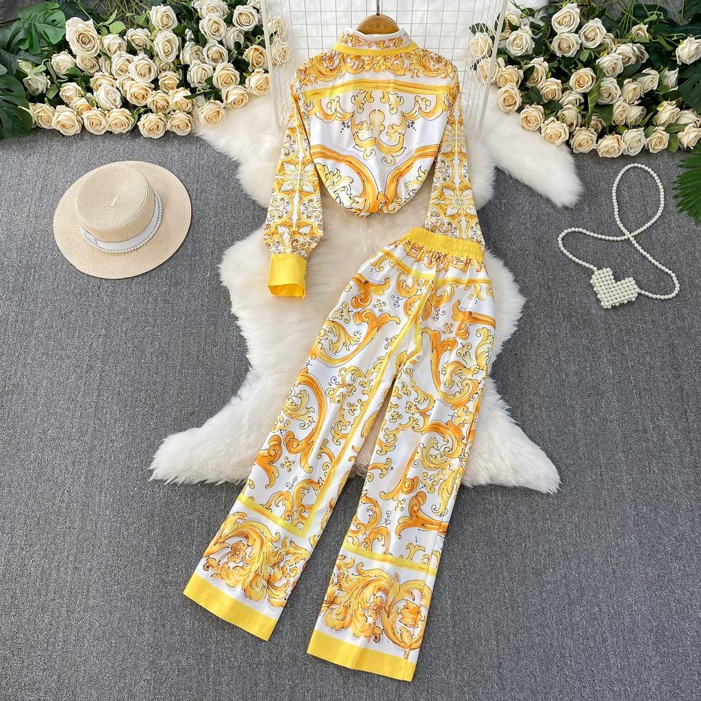 Spring Autumn Vintage Designer Print Runway Trouser 2 Piece Set Women Turn-down Collar Shirt And Elastic Waist Pocket Pant Suit