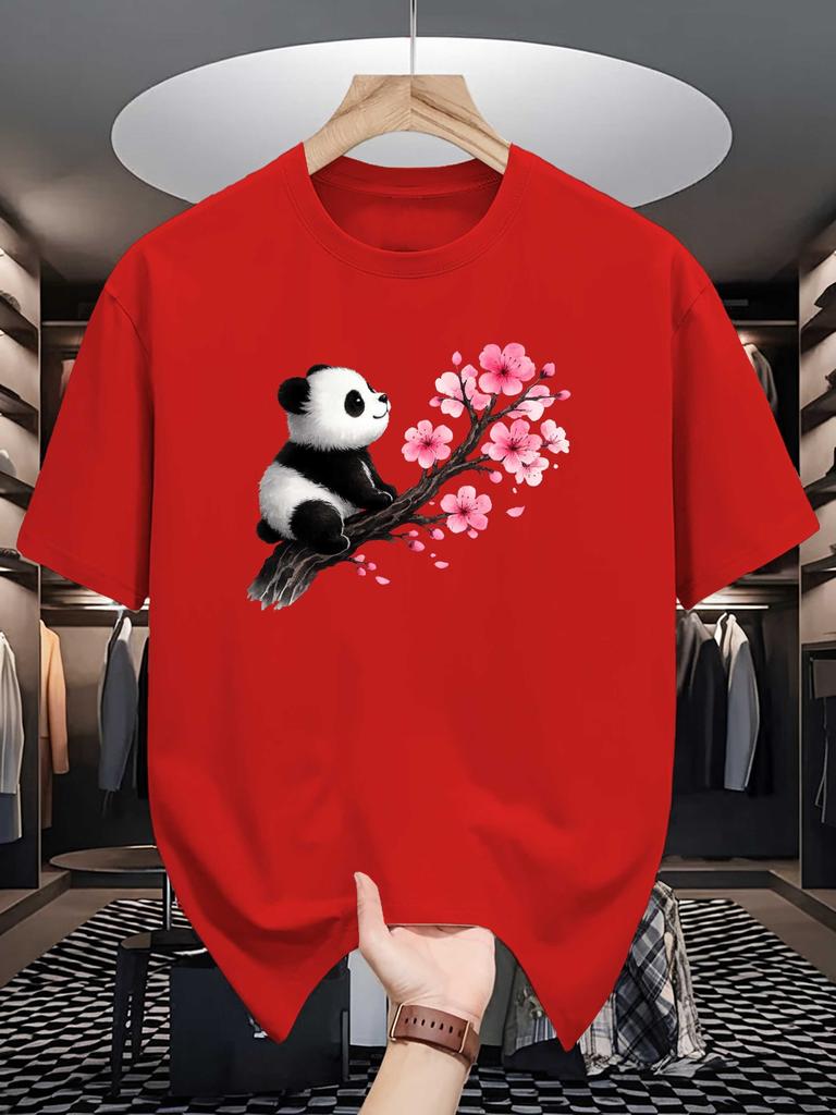 Unisex Crew Neck Tee Lovely Panda Pink Cherry Blossom Art Print Soft Cotton Loose Short Sleeve Summer Casual Male Streetwear Tops