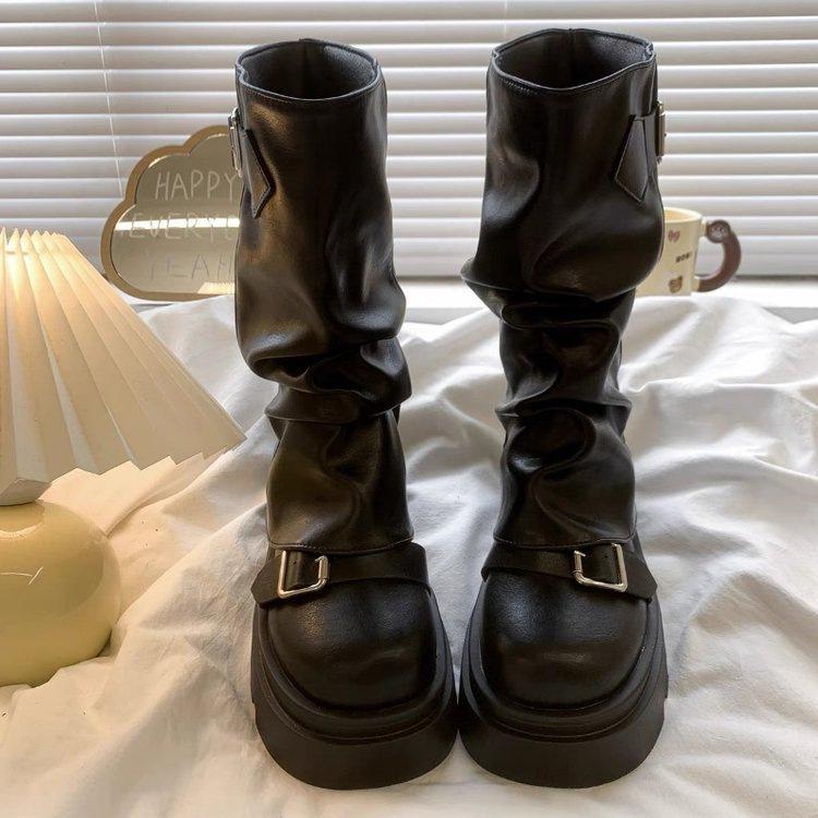 Korean thin and versatile thick-soled Martin boots women's 2025 new spring and autumn brown versatile belt buckle medium boots