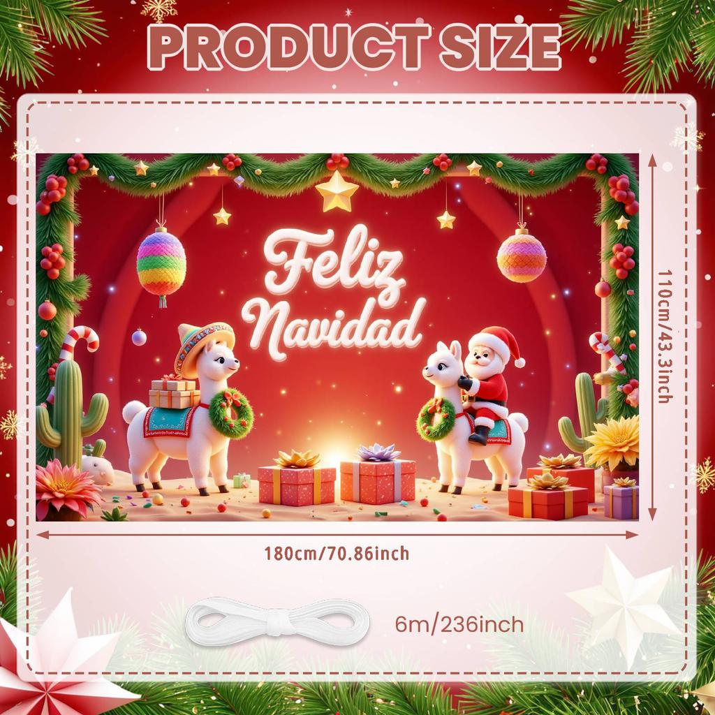 Christmas Banner Colorful Ornaments Navidad Backdrop Santa Claus Background Green Curtains Holiday Display For Christmas Holiday