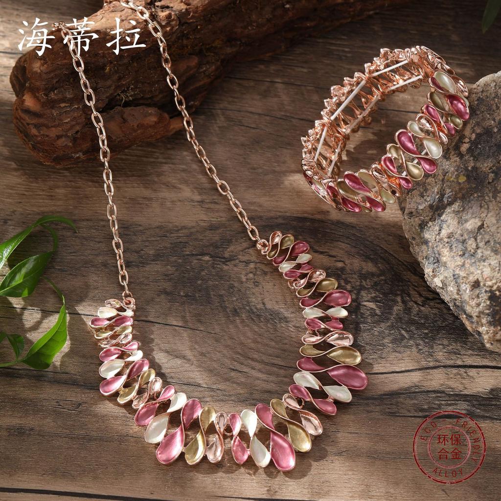 Neues Farböl-Gemälde geometrisches Blumenarmband Halskette Set, modische und hochwertige Damen-Bankett-Accessoires