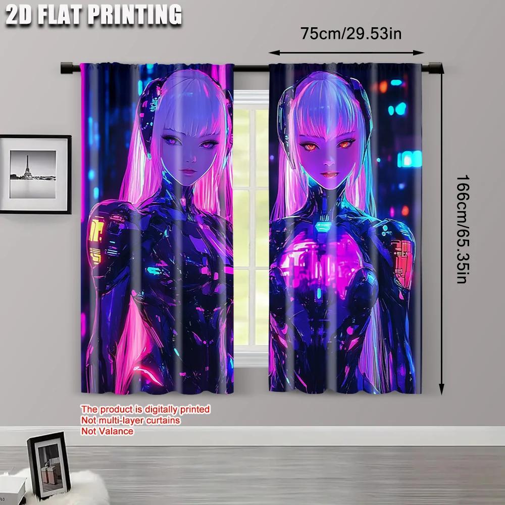 2pcs   Curtain Set  plane printing Vibrant Cyberpunk Anime Girl Durable 100% Polyester Fabric (without rod) Holiday Ldeal for