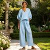 Yousheng Women's Casual 2 Piece Lounge Sets Puff Half Sleeve V Neck Top And Wide Leg Pants Travel Vacation Outfits with