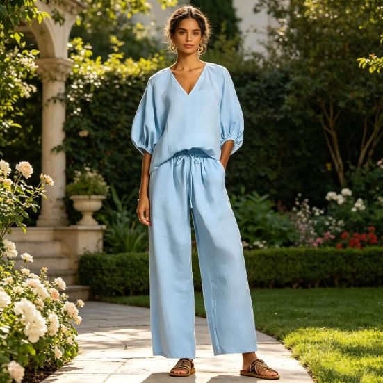 Yousheng Women's Casual 2 Piece Lounge Sets Puff Half Sleeve V Neck Top And Wide Leg Pants Travel Vacation Outfits with