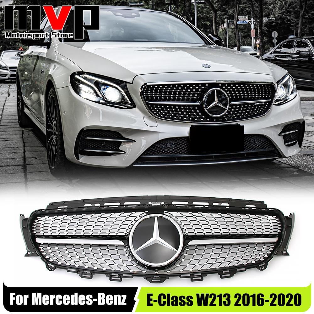 FCM5   Diamonds Style Racing Grille With Car Front Bumper Grill Silver Border Mirror 3D Emblem Logo For Mercedes Benz E W213 16-20 E300