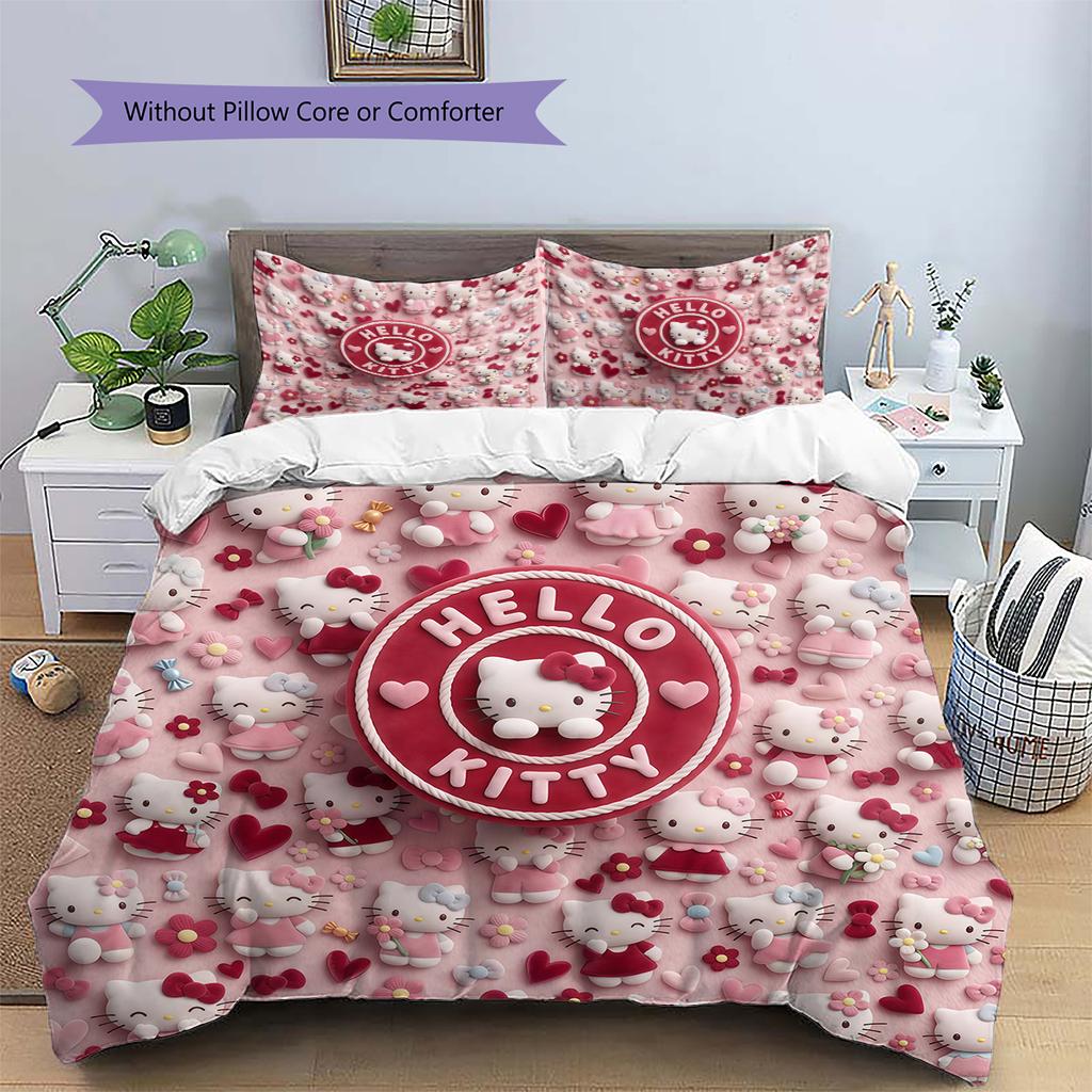 Hello Kitty Cute Pattern Bedding,Quilt Set Quilt Cover Pillowcase Home Birthday Gift(1 * Duvet Cover + 2 * Pillowcase, Without Core)