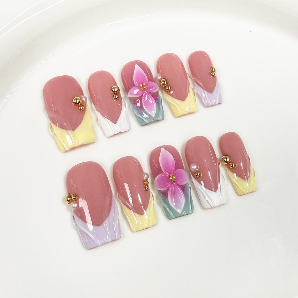10pcs French Gradient Handmade Press On Nails Mid Length Square Tips With Flower Rhinestone Design