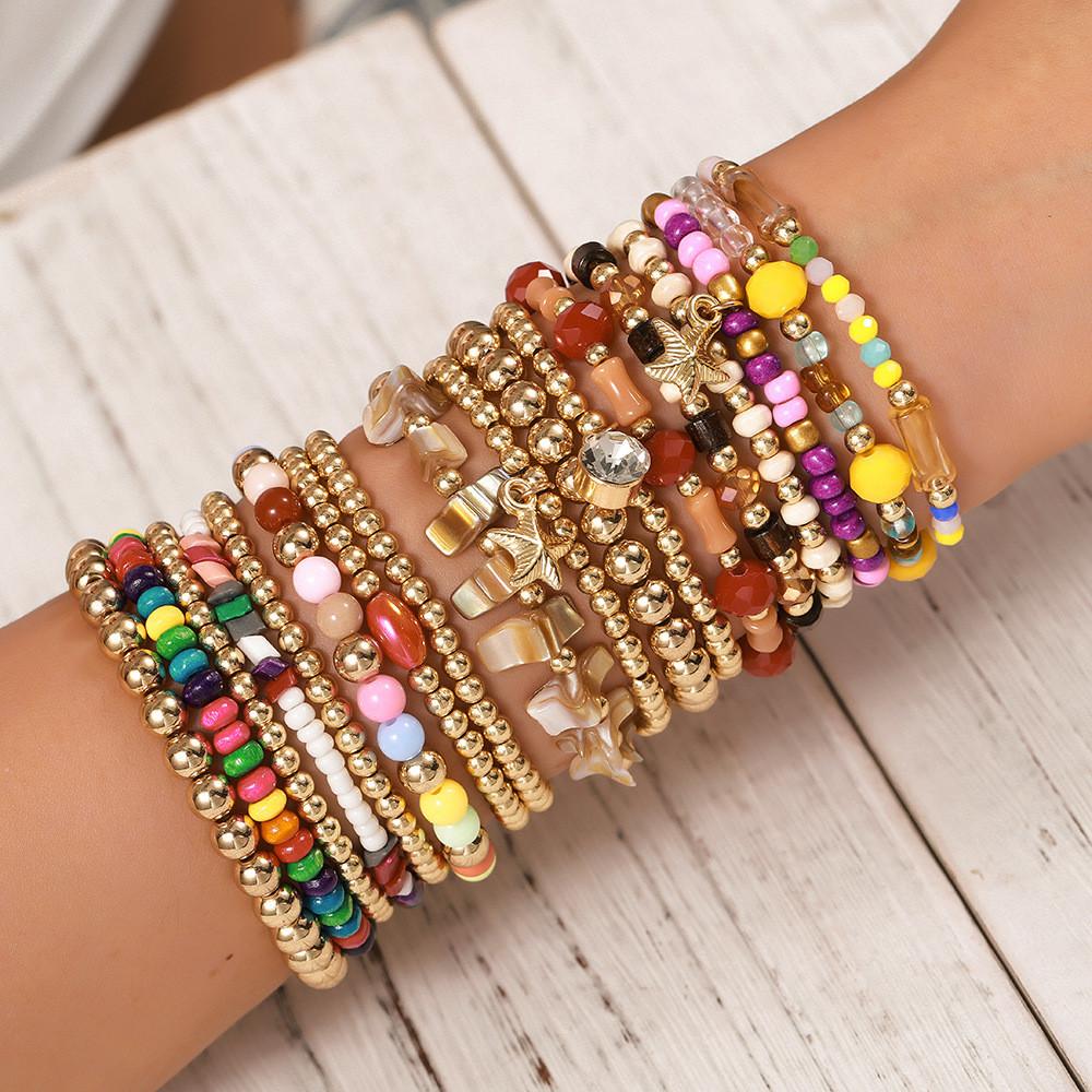 Bohemian Style Handmade Beaded Bracelets Set With Wooden Shell Glass Beads For Beach Vacation Gift
