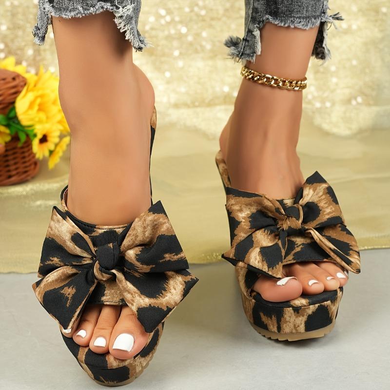 Women's Leopard Print Open Toe Wedges: cone heel, slip-on, fabric upper, rubber sole, hand-washable, comfy, sexy, for vacations.