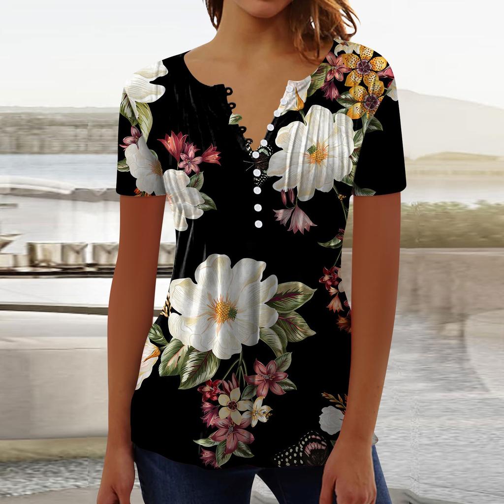 (brisand) Women's Shirt Blouse Button Retro Print Short Sleeve Casual Basic Round Neck Regular Top