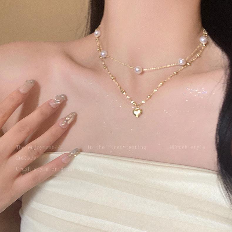Pearl Love Heart Layered Necklace - Summer French Luxury, Elegant Choker for Women