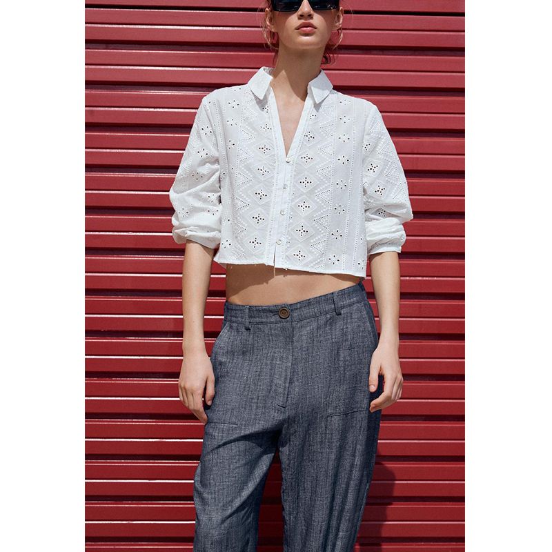 Spring and Summer New Women's Clothing Single-Breasted Cotton Cut Out Embroider Fashion Polo Collar Short Shirt Tops 4745022