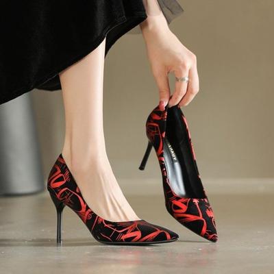 Silk Embroidered High Heels Women's New Fashion Single Shoes Pointed Toe Stiletto Heels Color Matching Shoes