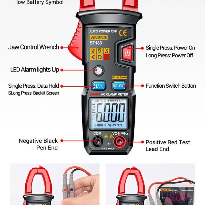 Aneng ST183 Clamp Meter AC Current 6000 Counts True RMS AC Voltage Tester Hz Capacitance NCV Ohm Professional Test Tool Digital Display High Precision