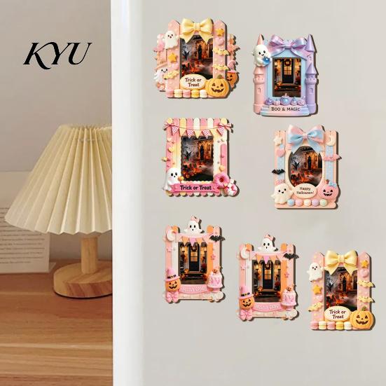 Decorative Magnetic Frame Halloween Photo Refrigerator Magnet, Ghost Pumpkin Picture Room Decor Holder, Wooden for Holiday Party Kitchen Magnet