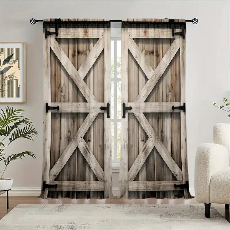 2 Stück hellfarbene Vorhänge mit Holzmaserungsdruck, Stangentaschenvorhänge 42*84, Heimdekoration, Raumdekoration