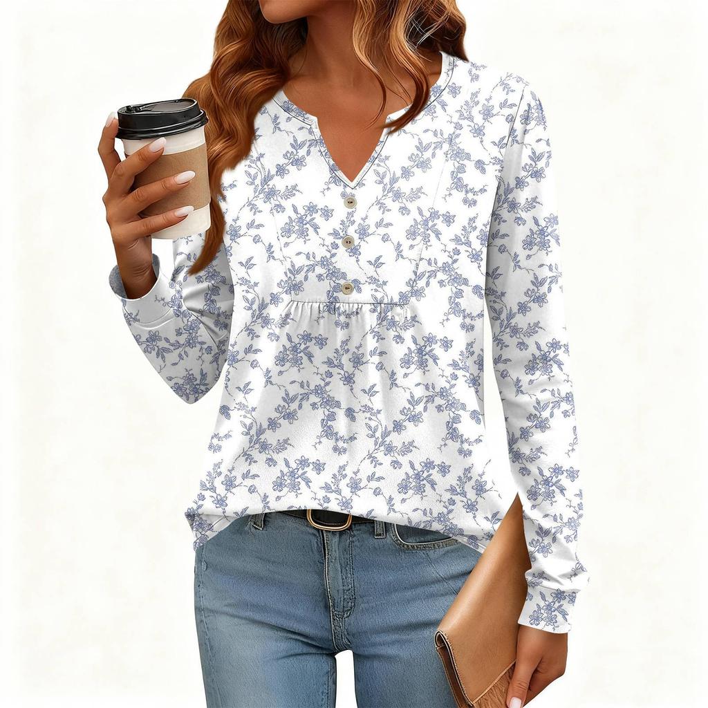 Γυναικείο Χαλαρό, V-λαιμόκοψη, Ρετρό Χρώμα, Μπλοκ με Φλοράλ Σχέδιο, Μακρυμάνικο Πουλόβερ T-shirt