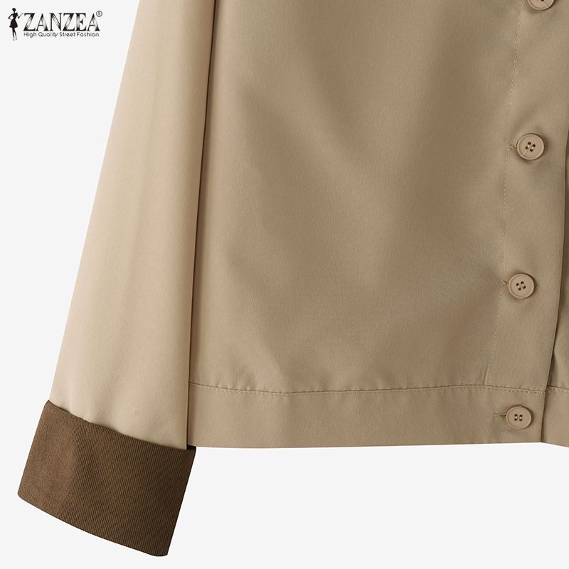 ZANZEA Women Splice Turn Down Collar Loose Long Sleeve Blouse