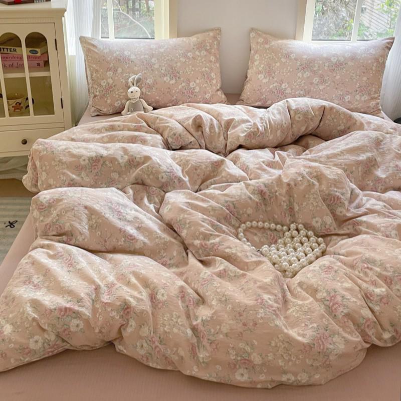 G5Z25 Jacquard Four-Piece Nude-Sleep Bedding Set with Cloud-Feel Double-Layer Gauze for Girls, Includes Duvet Cover and Fitted Sheet