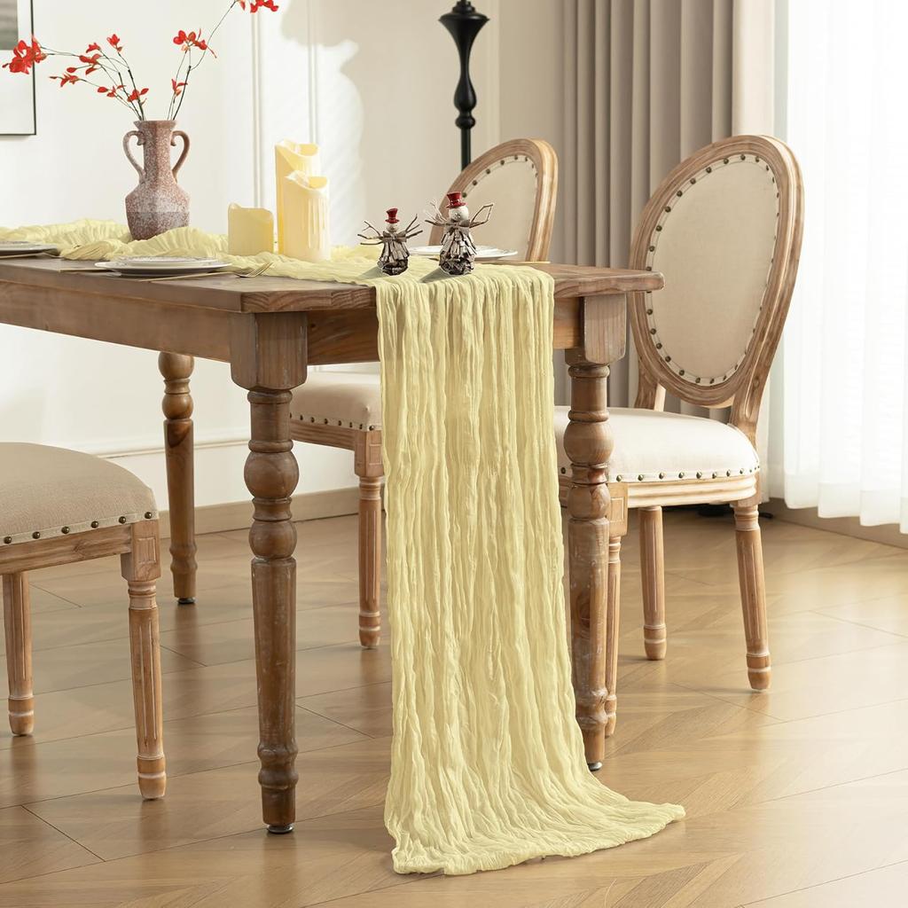 Baccessor 2 Pack Beige Cheesecloth Table Runner 35x120 Inch, 10ft Ivory Gauze Table Runner, Boho Rustic Sheer Cheese Cloths Runner for Wedding Baby