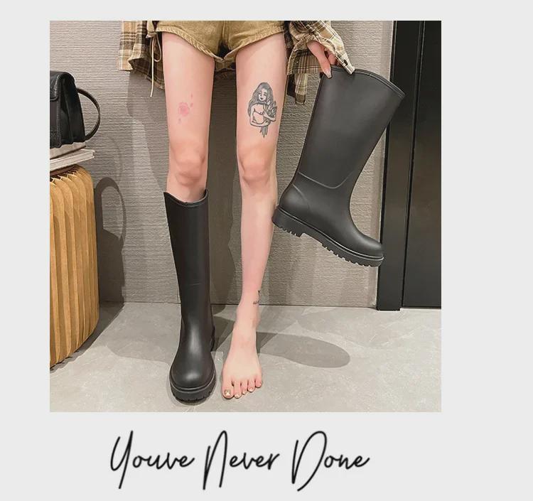 Stylish Women's Waterproof Non-Slip Long Rain Boots - Wear-Resistant Rubber with Warm Cotton Lining