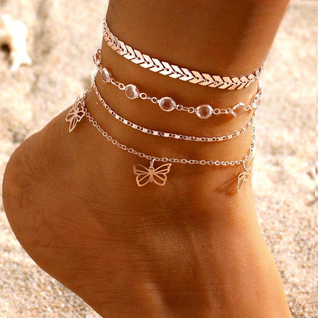 European & American Multi-Layer Crystal Chain Butterfly Anklet - Beach Style Foot Jewelry