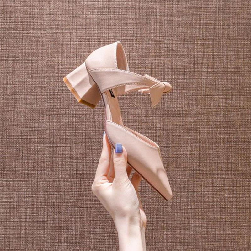 Prancūziško stiliaus aukštakulniai, fėjų bateliai, švelnūs vienviečiai bateliai, moteriški pavasario modeliai, su banteliu, smailianosiai, storu kulnu