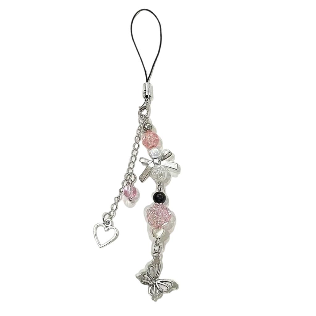Bowknot Pendant Phone Chain Strap Flower Charm Beaded Keychain Phone Lanyard Acrylic Keyring Bag Ornament Jewelry Gift